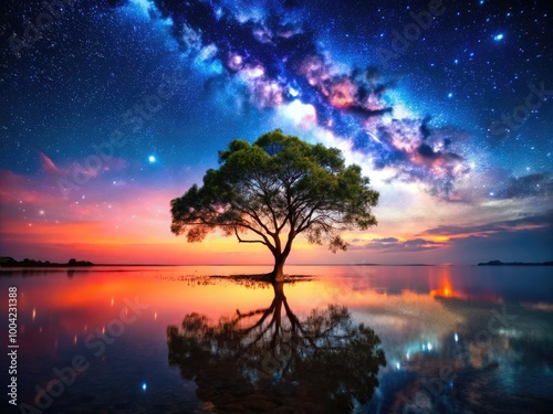 Beautiful Colorful Landscape with a Lone Tree Under a Starry Night Sky and Silhouette Mangrove Tree