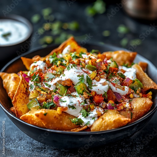 Brightly lit samosa chaat, with vibrant layers of crispy samosas, yogurt, chutneys, and spices creating a colorful and enticing dish.