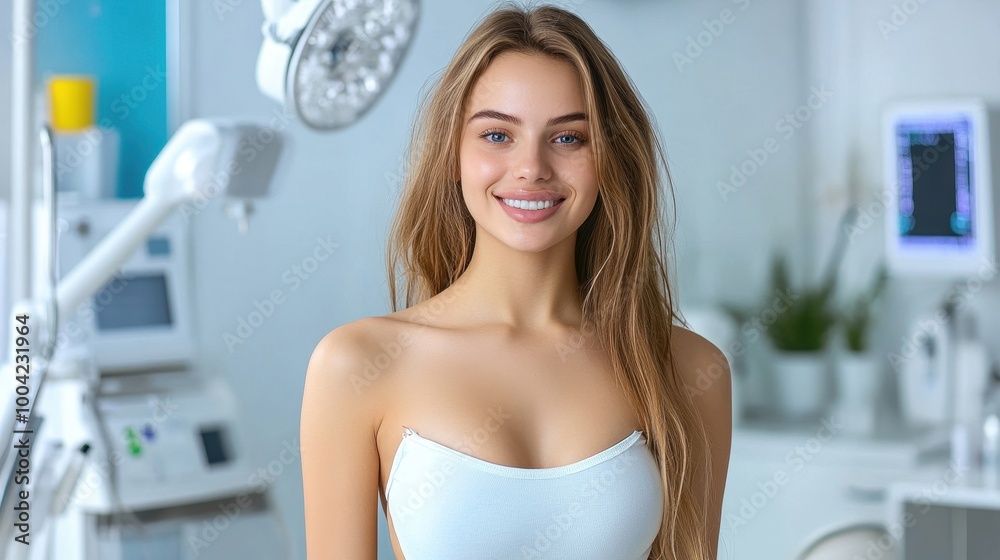 Woman smiling in clinic mirror after breast augmentation surgery Woman smiling in clinic mirror after breast augmentation surgery