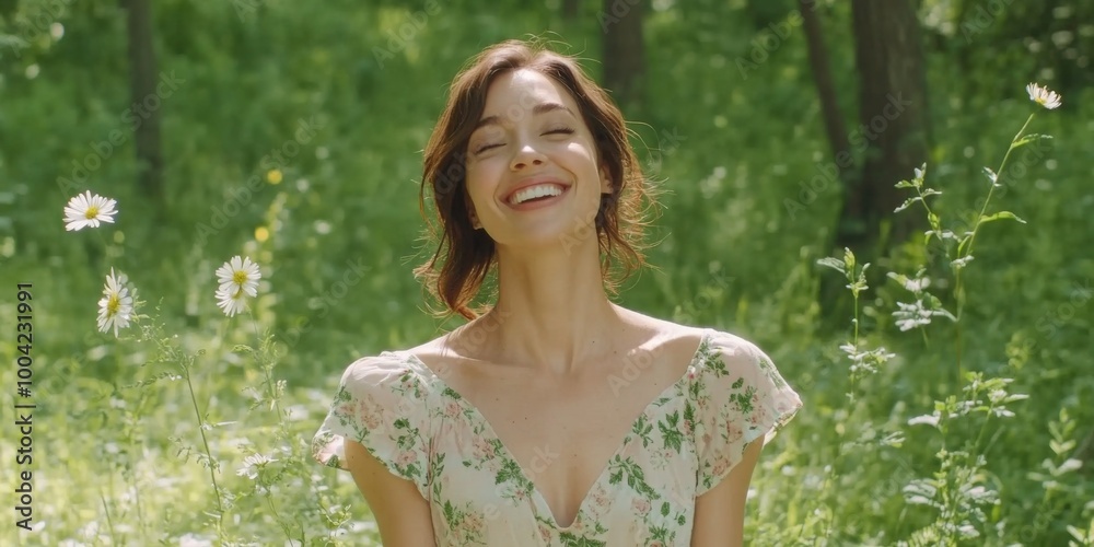 Free woman breathing clean air in the forest. happy girl, open arms in happiness. Fresh outdoor woods, wellness healthy lifestyle concept Free woman breathing clean air in the forest. happy girl, open arms in happiness. Fresh outdoor woods, wellness healthy lifestyle concept