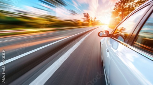 Speeding Car on a Scenic Road at Sunset