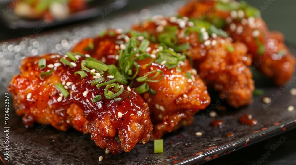 Deliciously Crispy and Flavorful Korean Fried Chicken Dish on Plate Deliciously Crispy and Flavorful Korean Fried Chicken Dish on Plate