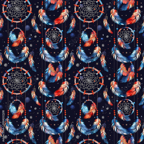 Watercolor Dreamcatchers And Feathers Seamless Pattern Design