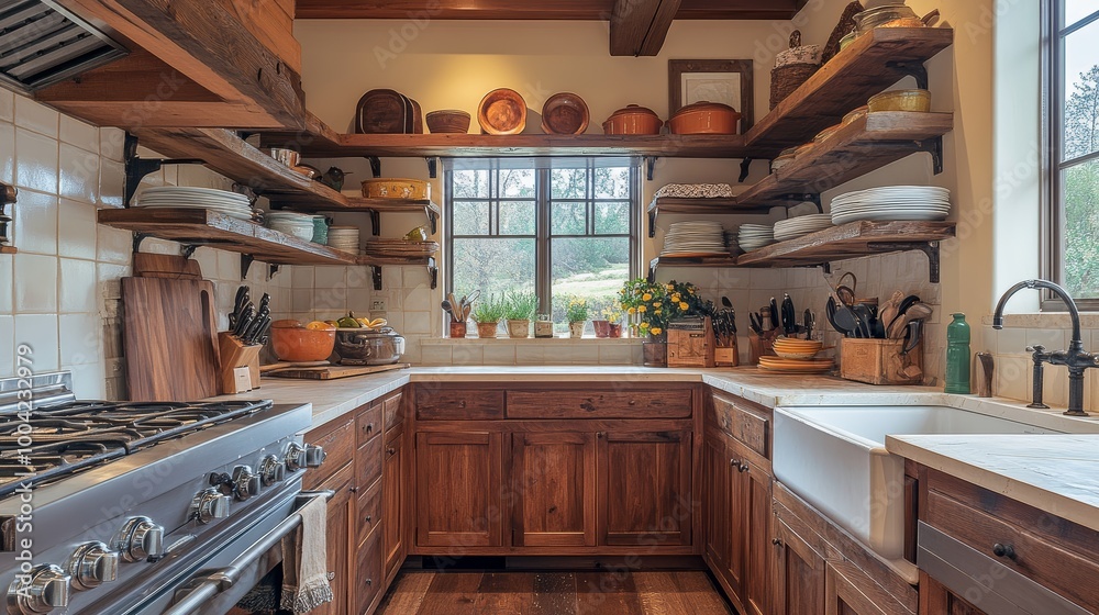 Rustic Kitchen Interior with Wooden Shelves and Farmhouse Sink. Rustic Kitchen Interior with Wooden Shelves and Farmhouse Sink.