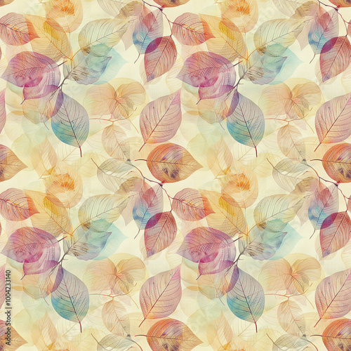 Watercolor Pattern of Colorful Autumn Leaves on a Beige Background