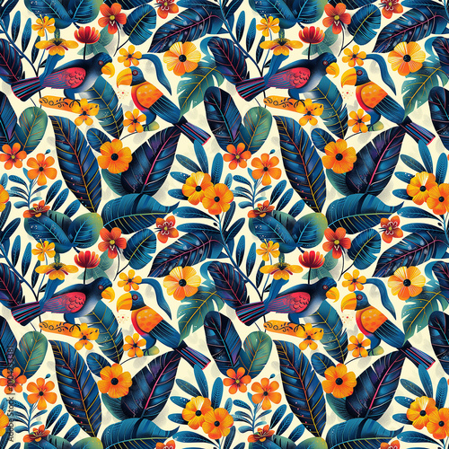 Tropical Leaves and Birds Pattern