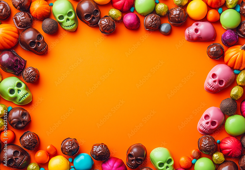 Halloween Candy Border with Sugar Skulls and Chocolate Pumpkins: Festive Treats on Orange Background. Copy Space. Halloween Candy Border with Sugar Skulls and Chocolate Pumpkins: Festive Treats on Orange Background. Copy Space.