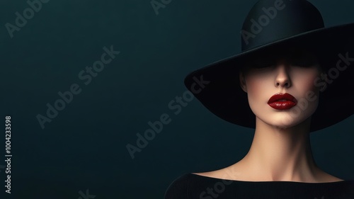 A chic, mysterious woman with bold red lips and a wide-brimmed black hat against a dark background exudes elegance and allure.