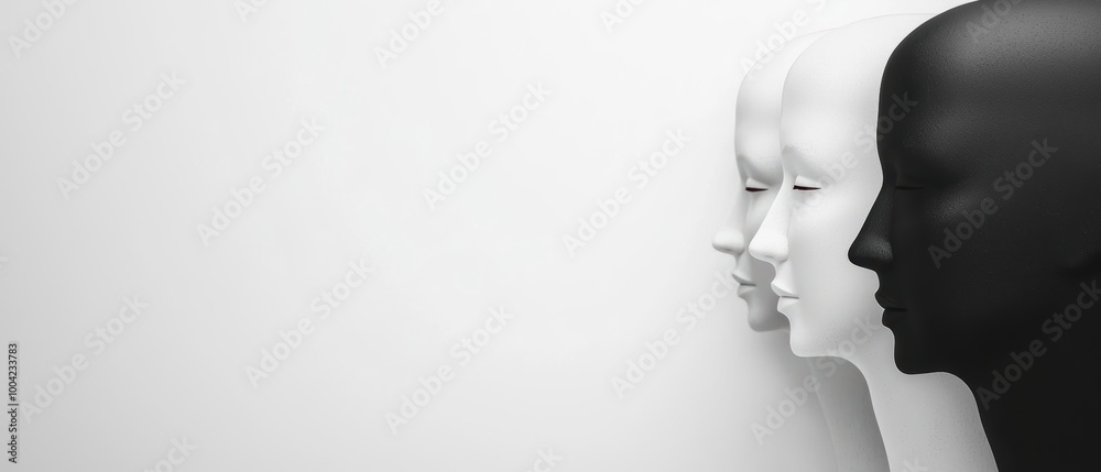 Three mannequin heads, two white and one black, are aligned against a minimalist gray background, emphasizing contrast and diversity in a stylish composition. Three mannequin heads, two white and one black, are aligned against a minimalist gray background, emphasizing contrast and diversity in a stylish composition.