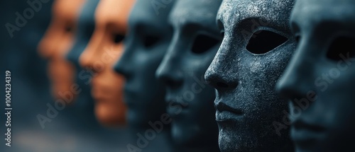 A row of stylized masks in various shades, highlighting contrasts and expressions, evoking themes of identity and perception.