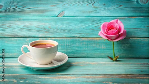 Coffee cup with heart-shaped pink rose flowers on old turquoise wooden background for romantic concept