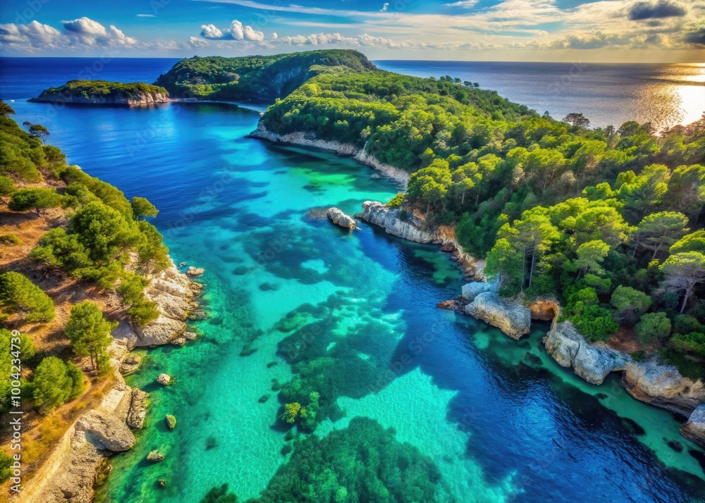 Obraz premium Breathtaking Aerial View of Mediterranean Coastline with Turquoise Waters and Lush Greenery