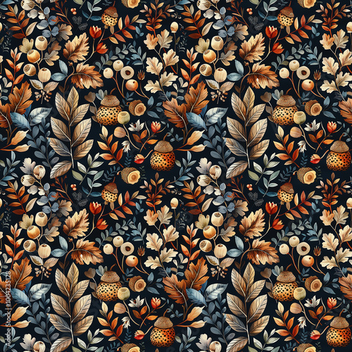 A Seamless Pattern of Autumn Flowers, Leaves, and Berries on Dark Blue Backgr...