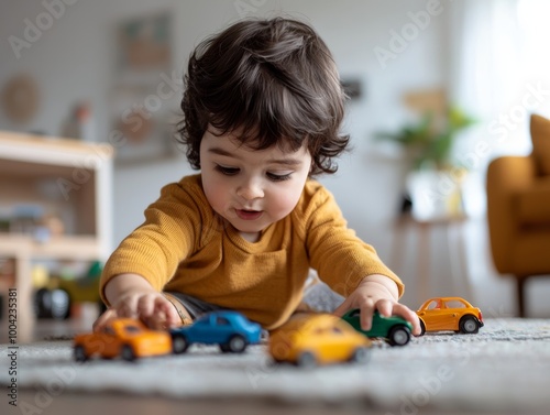 Adorable young child playing with colorful toy cars indoors on a cozy carpet, engaged in imaginative playtime at home.