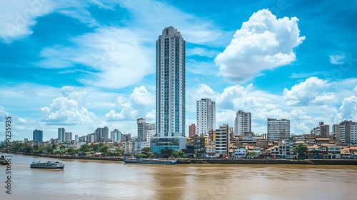 Modern buildings and the Point Tower skyscraper and Guayas river in Guayaquil, Ecuador