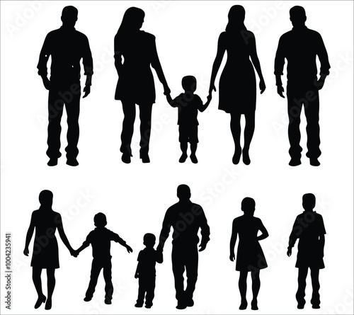 Happy family walking silhouettes, Family silhouette set, Happy family silhouette icon, Cute family silhouettes, Family vector silhouette icon