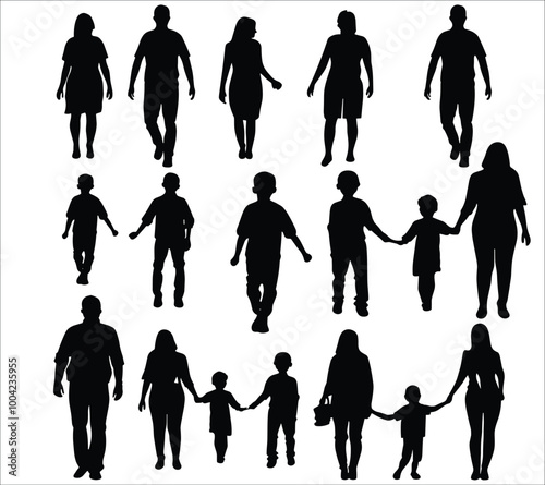 Happy family walking silhouettes, Family silhouette set, Happy family silhouette icon, Cute family silhouettes, Family vector silhouette icon