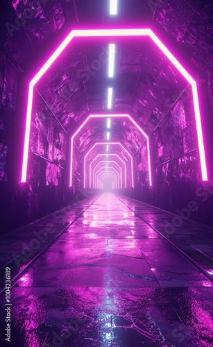 Fototapeta Naklejka Na Ścianę i Meble -  Futuristic tunnel with vibrant purple neon lights and geometric lines creating a sci-fi aura in a visually striking corridor