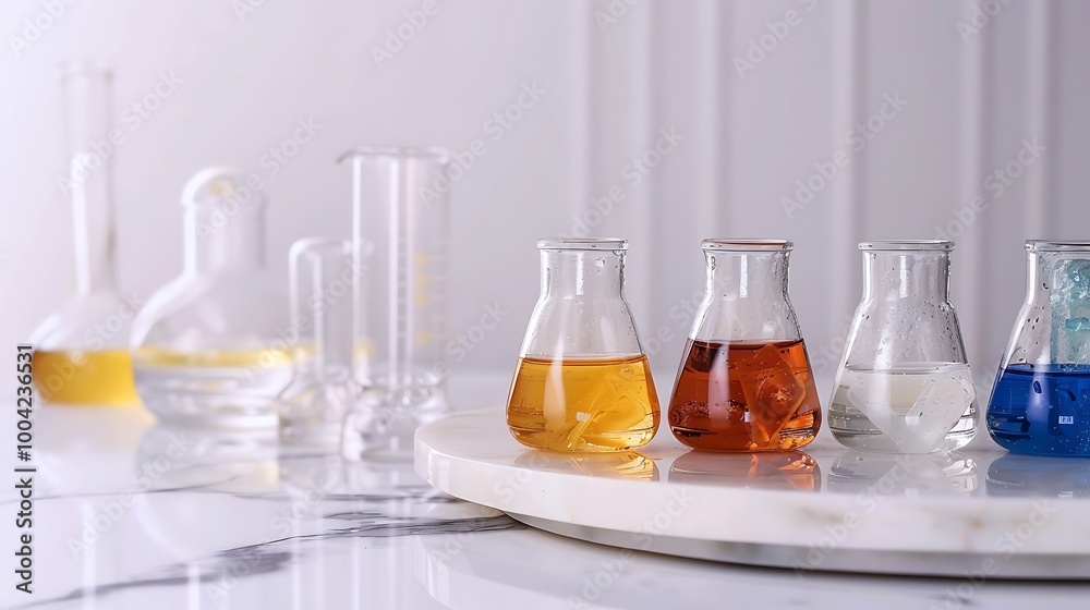 Soap dish with a row of chemical liquids on a marble surface Soap dish with a row of chemical liquids on a marble surface