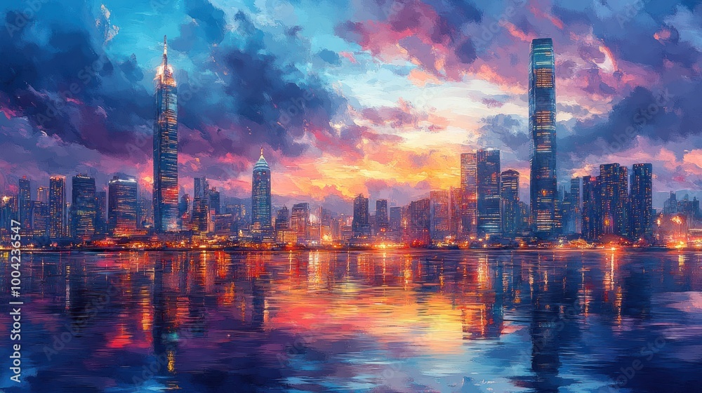 Fototapeta premium Cityscape with Sunset and Reflections