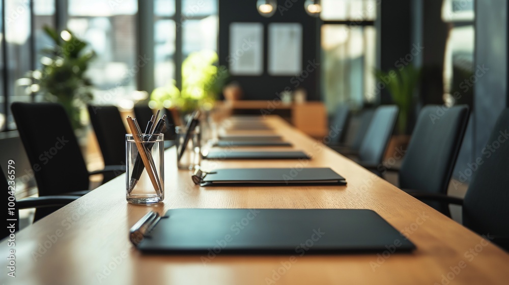© Musamir - A contemporary, vacant conference room with wooden tables and black chairs arranged for meetings and conferences, complete with notepads, pens, and clipboards