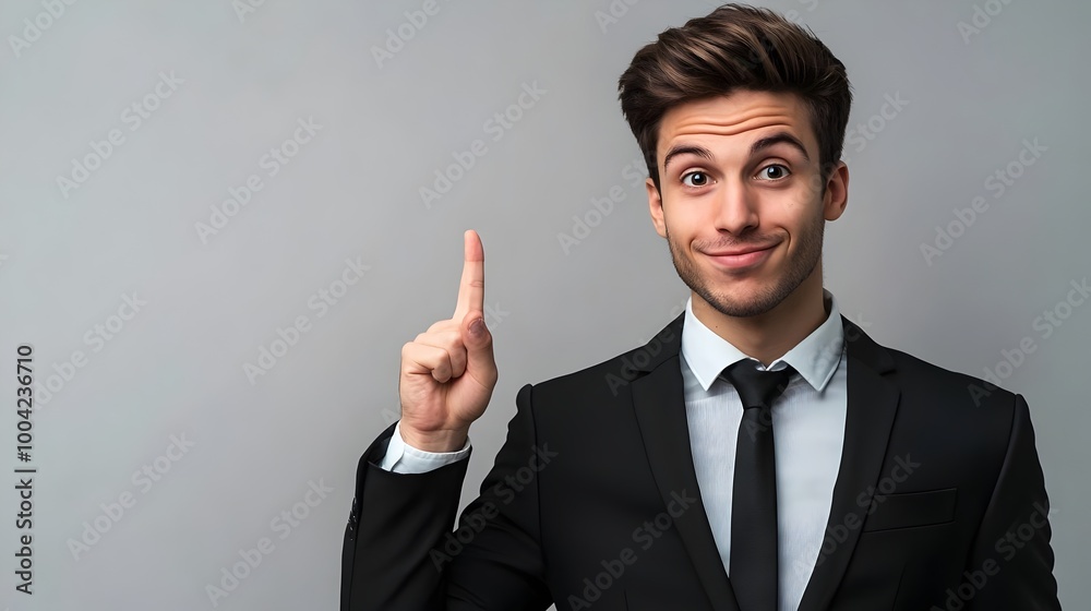 Businessman wear classic formal black suit shirt tie work in office point index finger aside on area isolated on plain grey background studio portrait. Copy space at his hand for promotion and advert Businessman wear classic formal black suit shirt tie work in office point index finger aside on area isolated on plain grey background studio portrait. Copy space at his hand for promotion and advert