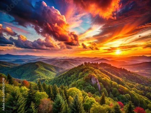 Breathtaking sunset panorama over mountains with a lush forest and dramatic sky filled with colors