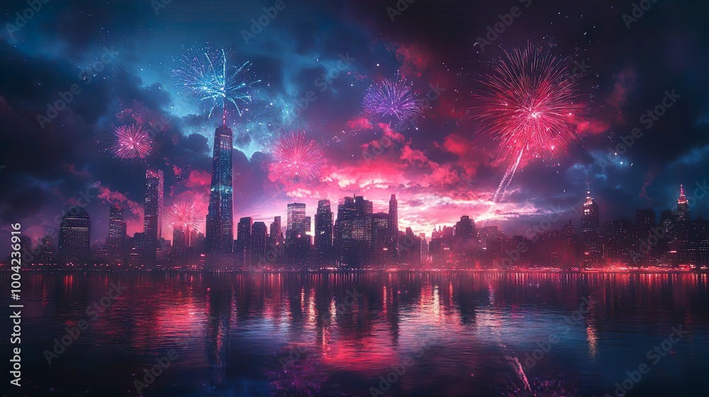 Naklejka premium High-Resolution 4K Wallpaper Featuring Futuristic Glowing City at Night Background