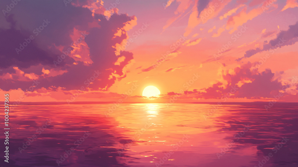 Obraz premium A sunset over a calm ocean with vibrant orange and pink hues. 