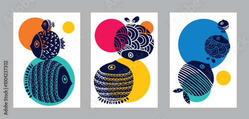 Interior poster with fish. Cute set. Vector illustration