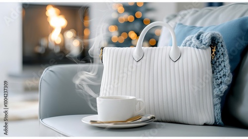 A cozy indoor scene featuring a luxurious handbag draped over a plush sofa