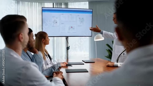 Computer screen, meeting and presentation with doctor team in hospital boardroom for coaching. Diagnosis, training and upskill with medicine professional talking for healthcare or medical workshop