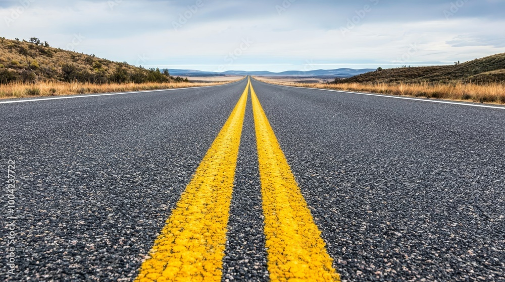 Naklejka premium Endless road stretches into the horizon under a cloudy sky.