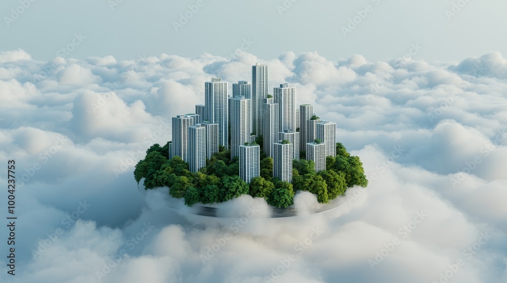 Fototapeta premium Futuristic city skyline surrounded by clouds and greenery.