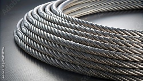 Panoramic coiled metal steel cable on gray background