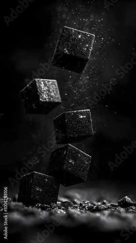 "Hyper-Realistic Black Foam Cubes on Dark Background"