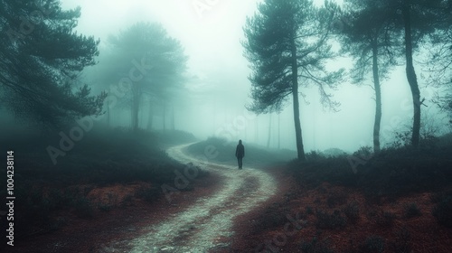 A person standing at a fork in a misty forest, looking confused and unsure, surrounded by tall trees and thick fog, evoking a sense of being lost
