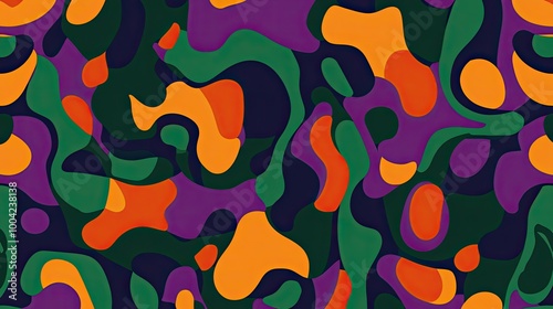 A seamless pattern of abstract shapes in green, orange, and purple, creating an eye-catching design suitable for textiles or digital backgrounds.