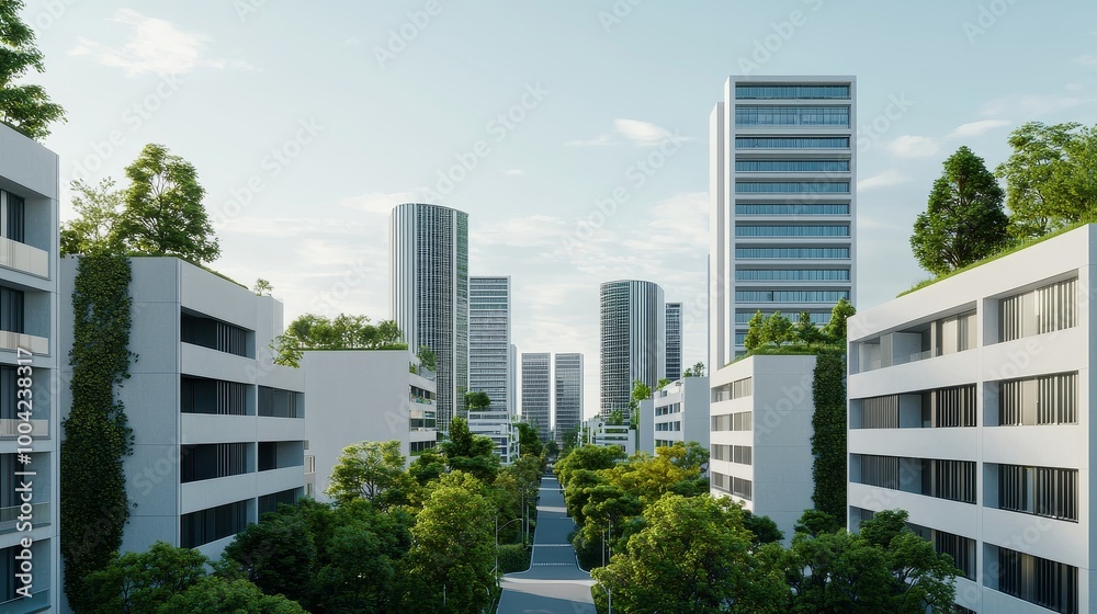 Modern city skyline with skyscrapers and greenery along the streets. Modern city skyline with skyscrapers and greenery along the streets.