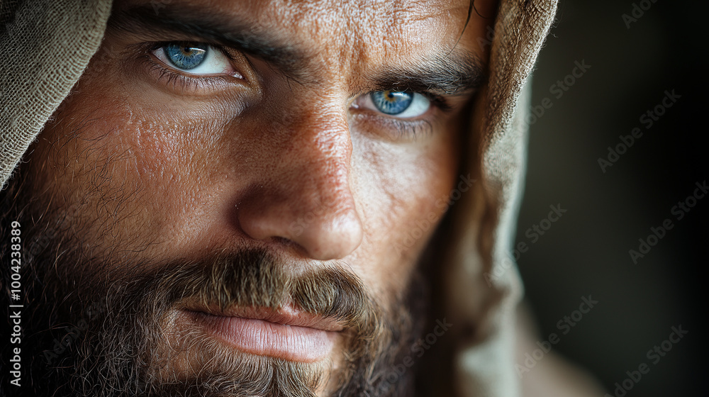 An intimate close-up of Bartholomew, showing the disciple of Jesus in a moment of reflection. His eyes convey a deep spiritual truth and honesty, his expression calm and full of fa An intimate close-up of Bartholomew, showing the disciple of Jesus in a moment of reflection. His eyes convey a deep spiritual truth and honesty, his expression calm and full of fa