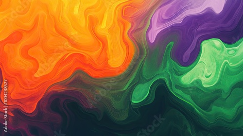 A vibrant abstract background blending shades of green, orange, and purple, creating a dynamic and colorful backdrop suitable for various designs.