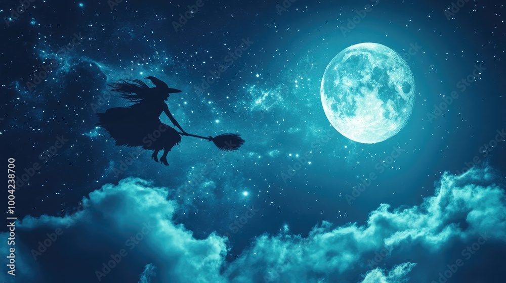 A whimsical scene of a witch riding a broomstick across a starry sky, with a full moon illuminating her silhouette against the dark night A whimsical scene of a witch riding a broomstick across a starry sky, with a full moon illuminating her silhouette against the dark night