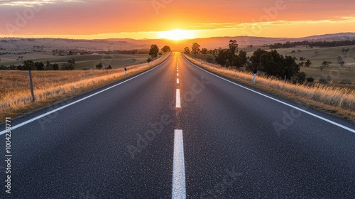 Scenic road leading into sunset with dramatic sky and open fields.
