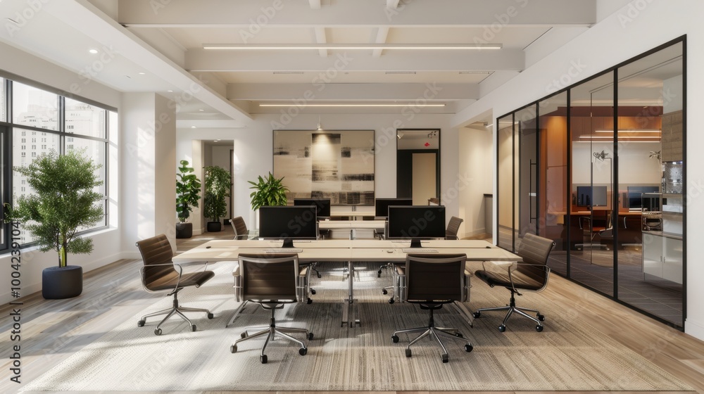 Fototapeta premium Modern Office Interior with Sleek Design and Plants