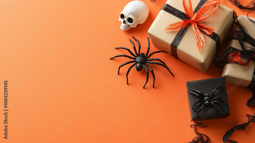 Top view of Halloween greeting card design with a spider, a small gift box, and a skull scattered around, isolated on a subtle orange backdrop