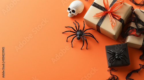 Obraz na płótnie Top view of Halloween greeting card design with a spider, a small gift box, and a skull scattered around, isolated on a subtle orange backdrop w salonie