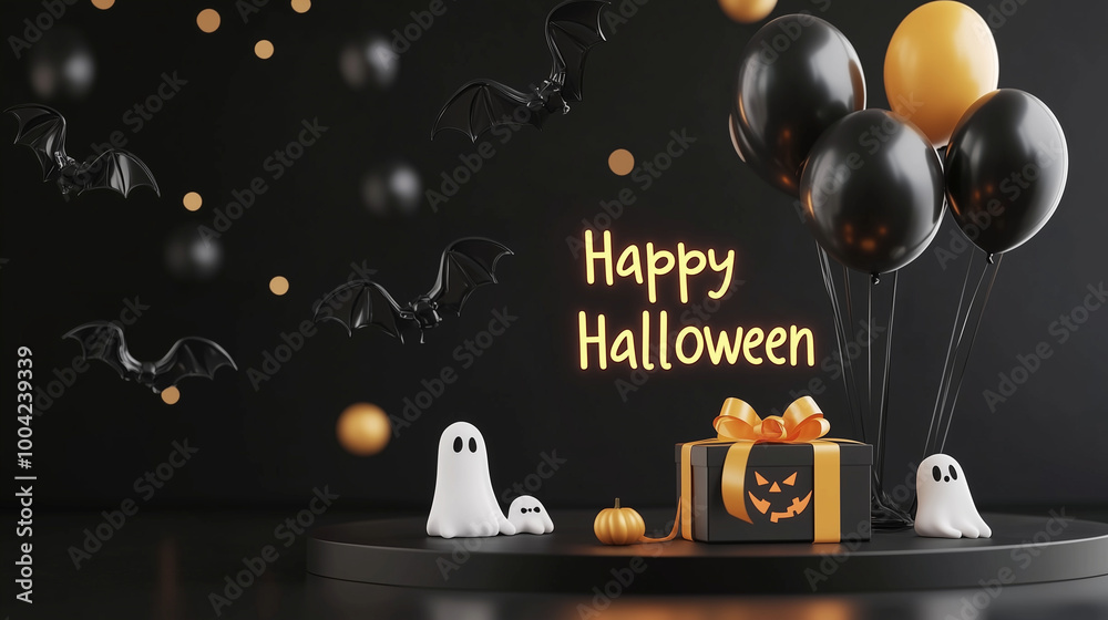 Spooky black podium with ghost and bat balloons, a gift box wrapped in yellow ribbon, and a glowing Happy Halloween sign
