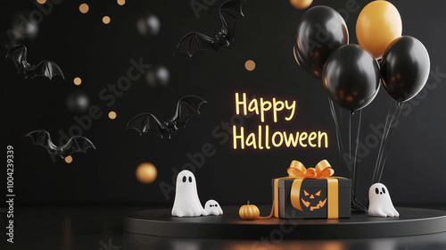 Obraz na płótnie Spooky black podium with ghost and bat balloons, a gift box wrapped in yellow ribbon, and a glowing Happy Halloween sign w salonie