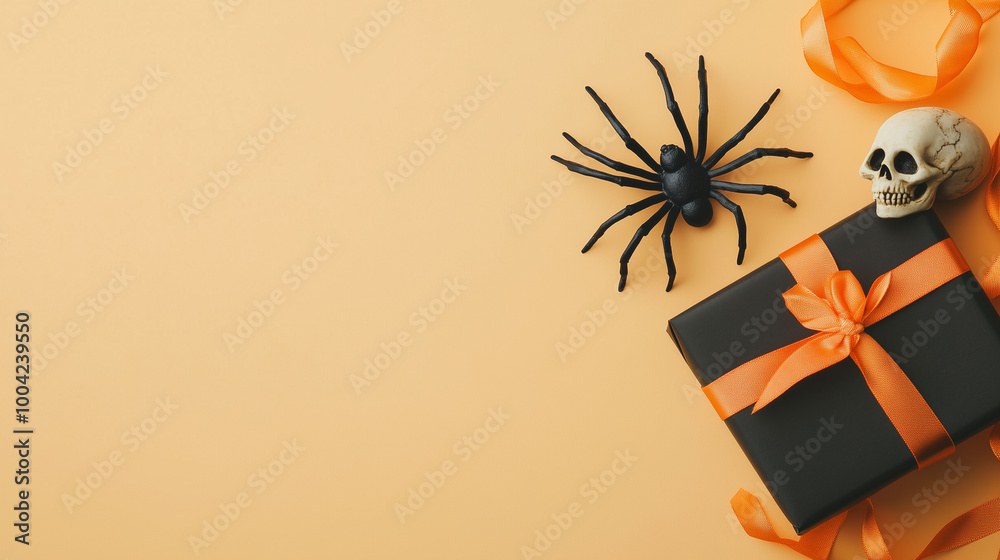 Minimalist Halloween greeting card layout featuring a spider, skull, and a small black gift box with orange ribbon, positioned on a pale orange background