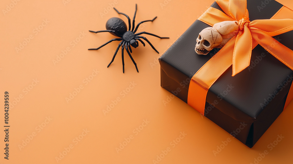 Minimalist Halloween greeting card layout featuring a spider, skull, and a small black gift box with orange ribbon, positioned on a pale orange background